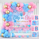 Frigg baby gender reveal arch with pink and blue balloons for festive photos.