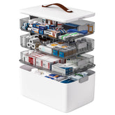 Funest four-tier medicine storage box shows clear layers protecting contents from light and moisture.