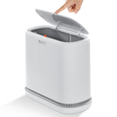 Funest bathroom trash can with adsorption bagging demonstrating automatic bag fitting.