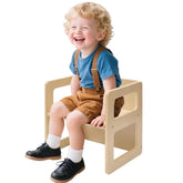 FUNLIO height-adjustable Montessori chair with natural finish, ideal for growing children.