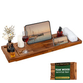 Fun Memories teak bathtub tray fully extended to fit spacious tubs and keep essentials within reach.