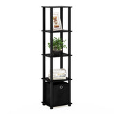 Furinno decorative shelf with bin in black for compact living spaces.