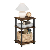 Furinno JUST side table in amber pine beside the bed for compact storage