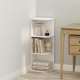 Furinno Reed corner shelf with 3 open tiers for compact organization.