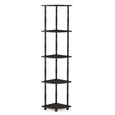 Furinno Turn-N-Tube corner display rack with 5 tiers organizes books and decor.