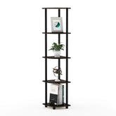 Furinno Turn-N-Tube corner shelf in dark brown grain saves floor space.