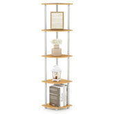 Furinno Turn-N-Tube corner shelf displays books on a compact five-tier unit for space-saving storage.