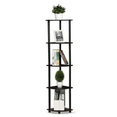 Furinno Turn-N-Tube corner shelf 5-tier displaying books and decor in small spaces.