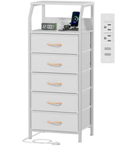 Furnulem 5-drawer dresser with charging station in full view for organized bedside setup.