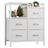 Furnulem 5-drawer white dresser in a bedroom for organized clothing storage