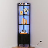Furnulem Corner Shelf five-tier wood display in black oak for organized living room decor.