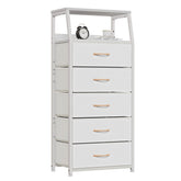Furnulem white dresser with wood top provides a durable display surface for decor.
