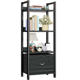 Furologee 4-tier bookshelf with drawer, black finish, front view highlighting compact storage