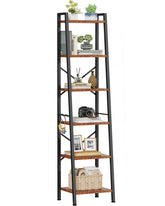 Furologee 6 Tier Ladder Shelf front view highlights rustic wood and black metal for space-saving storage