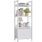Furologee White 4-Tier Bookshelf with Drawer offers compact space-saving storage.