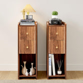 FurSch walnut narrow nightstands front view with space-saving two-drawer design.