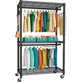 FUTASSI P1 front view of the garment rack with lockable wheels for easy mobility