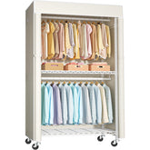 FUTASSI white clothing rack with beige cover, front view shows protected storage