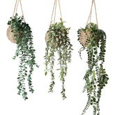 Fuxdre 3-pack hanging greens in straw baskets with lifelike texture for cozy decor and low maintenance.