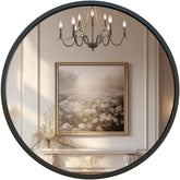 G-LEAF 32-inch black round mirror with a sleek matte metal frame for a modern bathroom.