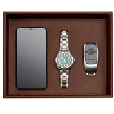 GALLAWAY Leather Valet Tray in dark brown viewed at an angle for an elegant entryway display.