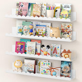 Gattlukd floating shelves on wall display books in nursery.