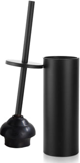 Gecious black plunger in metal canister for clean bathroom storage.