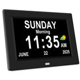 Generic 7-inch digital alarm clock on a desk with a large display for easy viewing by seniors.