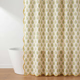 Generic block print blue-white shower curtain adds timeless vintage charm.