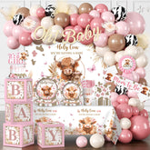 Generic Highland Cow Oh Baby banner enhances pink baby shower decor.