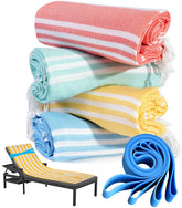 Genovega four-pack Turkish beach towels rolled for easy packing and quick-dry use