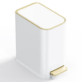 GibHerz small bathroom trash can with soft-close lid in white and gold, reducing noise