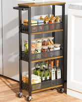 Giwil 4-Tier Slim Rolling Cart with wood rack on wheels for compact kitchen organization