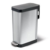Glad slim trash can with Clorox Odor Protection, stainless steel, ideal for tight spaces.