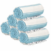 GLAMBURG Peshtemal Aqua Blue 36x71 towel spread for beach setup.