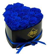 GLAMOUR BOUTIQUE 16-flower Forever Blue Heart Box with preserved roses for lasting home decor.