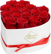 GLAMOUR BOUTIQUE preserved roses in a red heart box, front view, long-lasting charm.