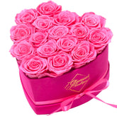 GLAMOUR BOUTIQUE Velvet Pink heart box featuring preserved roses for lasting elegance.