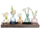 Glasseam bud vases on wood tray for living room decor and delicate stems