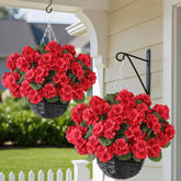 GLIDLION geranium hanging basket red front view—vibrant, maintenance-free blooms for curb appeal.