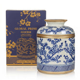GLOBAL PRIME GOODS Tissue Vessel with lid in blue and white chinoiserie pattern for refined surfaces.