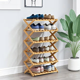 Glsety 6-tier bamboo shoe rack folded for compact storage and easy transport.