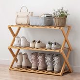 Glsety foldable 3-tier bamboo shoe rack compact frame for small spaces.