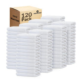 Gold Textiles 120-pack white washcloths, 12x12 inches, bulk option for kitchens or bathrooms.