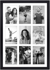 Golden State Art black wood collage frame front view shows nine 4x6 photos with white mats.