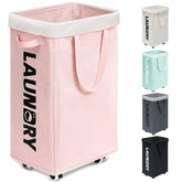 Goodpick pink laundry basket with wheels, front view, easy transport of clothes