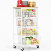 Goovilla kitchen cart with wooden top offers sturdy surface for small appliances.