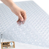 GORILLA GRIP patented bath tub mat in clear with stable suction for tub safety.