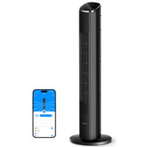 GoveeLife black tower fan in a bedroom providing all-night cooling comfort