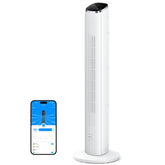GoveeLife white tower fan in a bedroom-setup offers cool, even airflow.